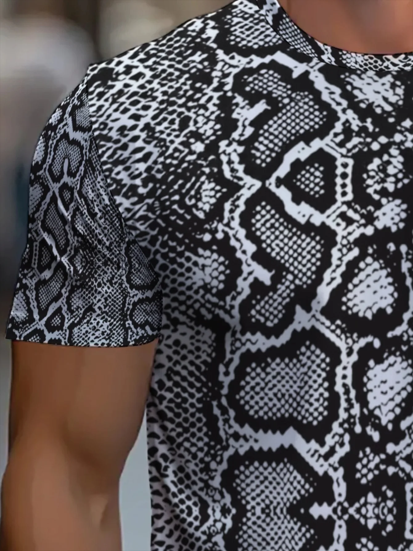 Herren 3D-Druck T-Shirt Schwarz-Weiß Schlangenhaut-Print O-Ausschnitt Kurzarm Atmungsaktives Sommer-Streetwear-Shirt – Detail 5