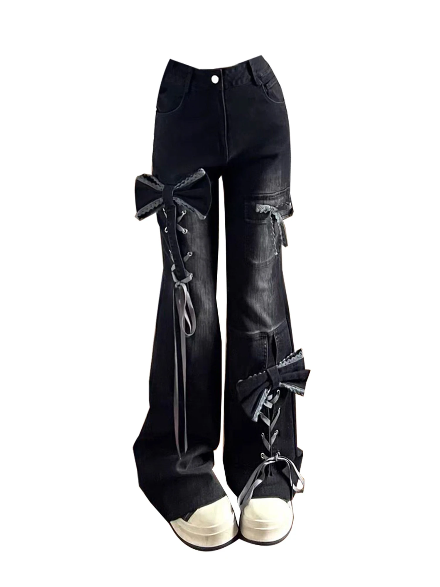 

Women Black Gothic Emo Y2k Flare Jeans Oversize Grunge Wide Cowboy Pants Vintage Harajuku Baggy Bow Denim Trousers Clothes 2026