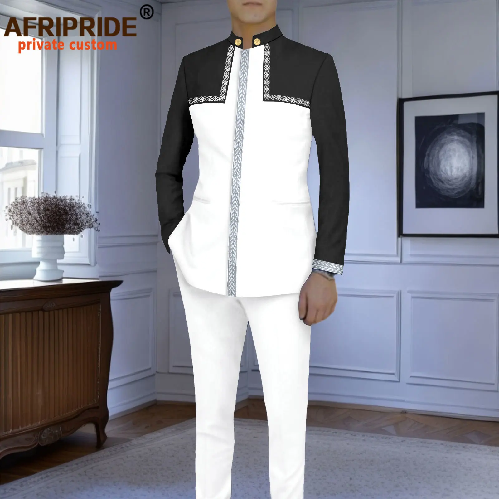 African Suits for Men Slim Fit Embroidery Jacket with Kerchief and Pants 2 Piece Set African Clothing for Wedding 2416106