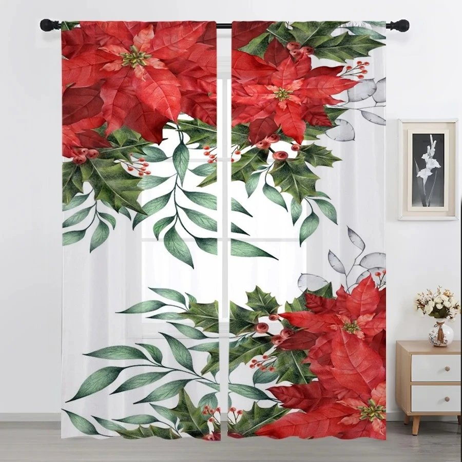 2pcs Christmas Red Poinsettia Curtains Holly Berry Floral Window Drapes Winter Holiday Decor Living Room Bedroom