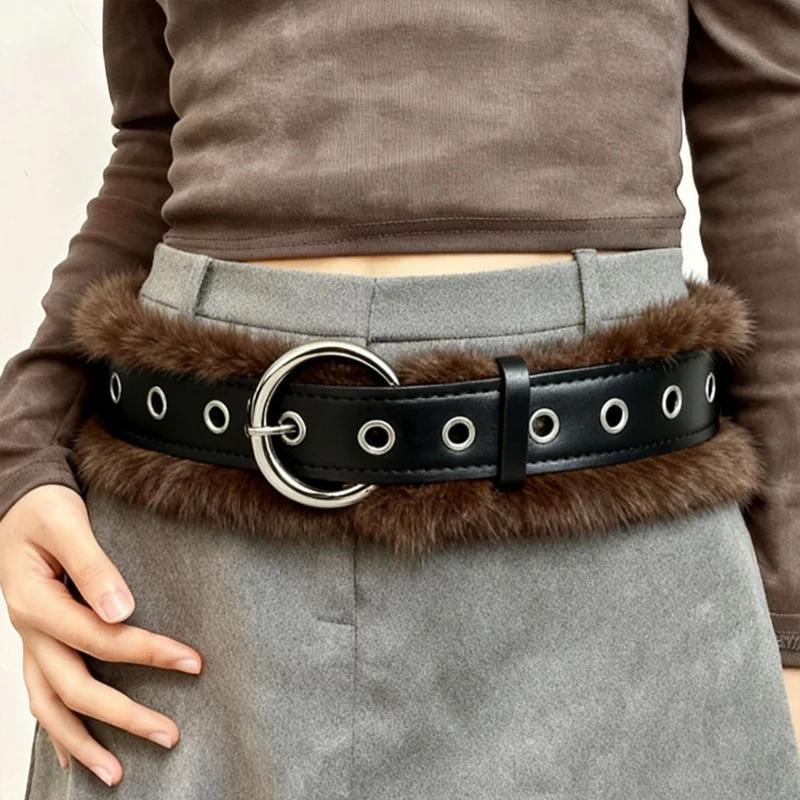 Y2K حار بنات حزام قطيفة القوطية الشرير الخصر سلسلة الرجعية تقليد الفراء الخصر سلسلة ثقافة فرعية الخريف الشتاء Harajuku مثير حزام #3