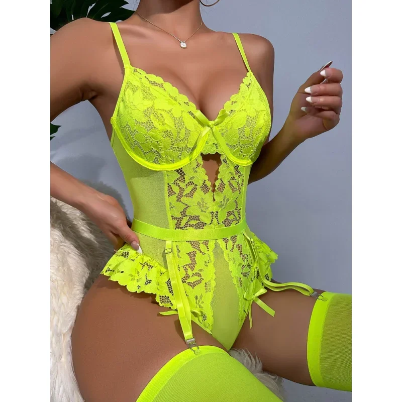 ビキニボディシェイピングフラワーレースバックレスシースルーセクシー下着ジャンプスーツ