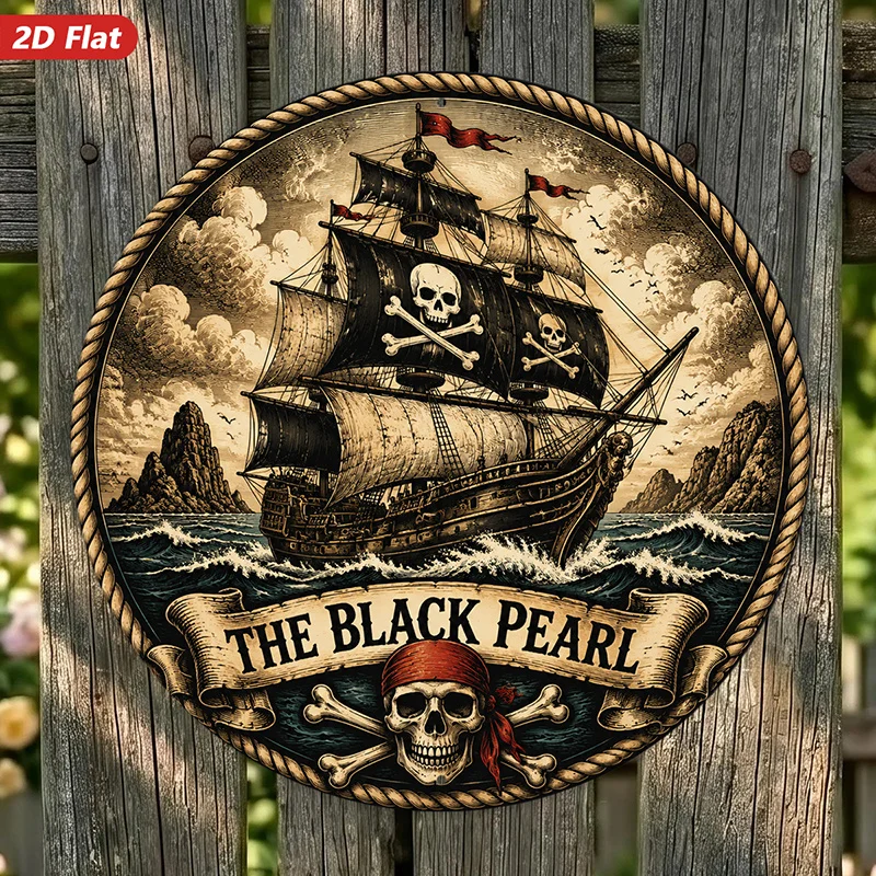 CIFBUY Nautical Pirate Ship Round Metal Sign Skull Crossbones Black Pearl Aluminum Wall Art Waterproof Durable Decor for Living