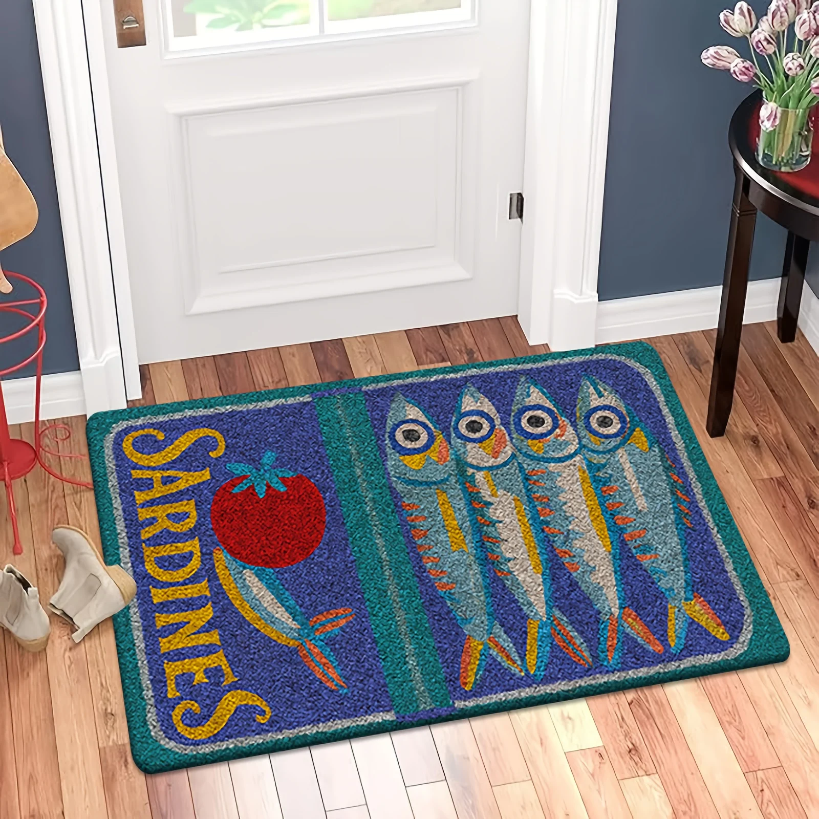 2D Flat Sardines Fish Tomato Vintage Style Flannel Door Mat Non Slip Retro Kitchen Rug For Entryway Dining Room Decor