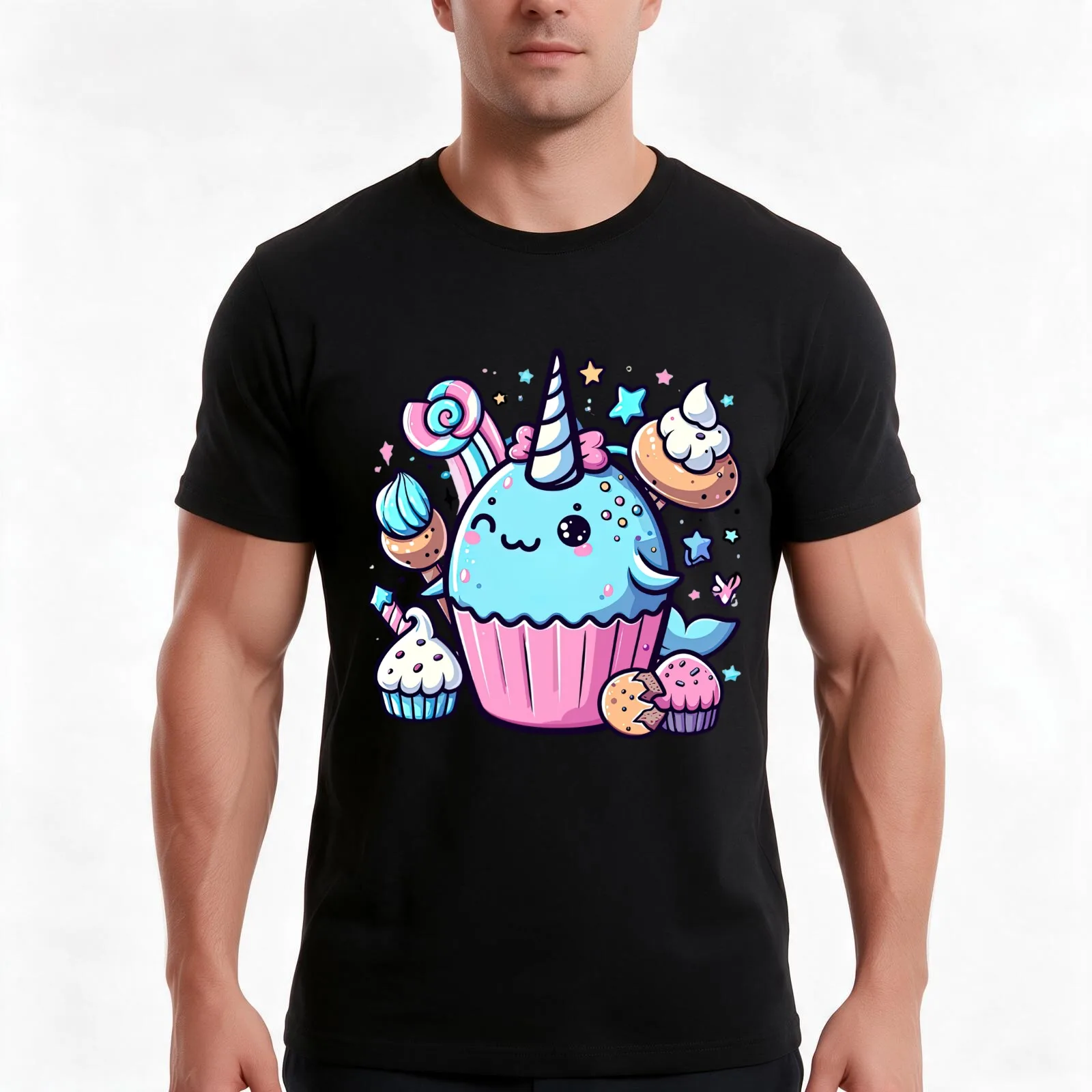Muffin-Loving Narwhal T-Shirt, Summer Casual Cotton Tee, Oversized Streetwear Tops, Vintage Graphic Print, Unisex Men Women