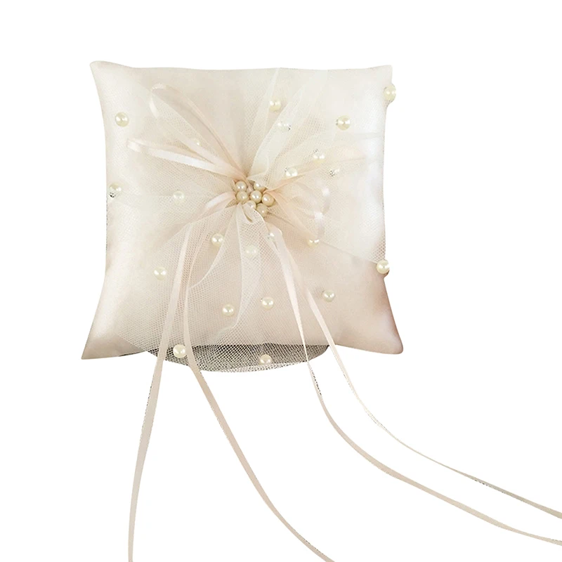 15x15cm European Romantic Bridal Wedding Ring Pillow Double Heart White Blue Handmade Ribbon Cushion Decor for Wedding Ceremony