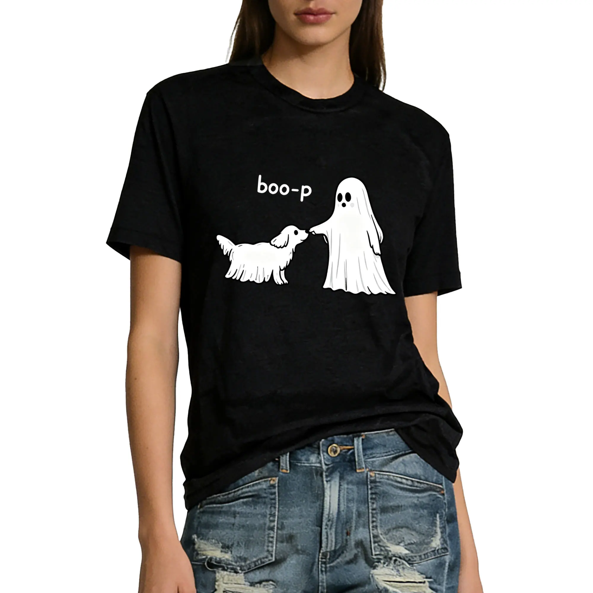 Boo‑p Funny Ghost And Dog Print Halloween T‑Shirt Cute Halloween Graphic Tee Halloween Gift for Dog Lovers Halloween Party