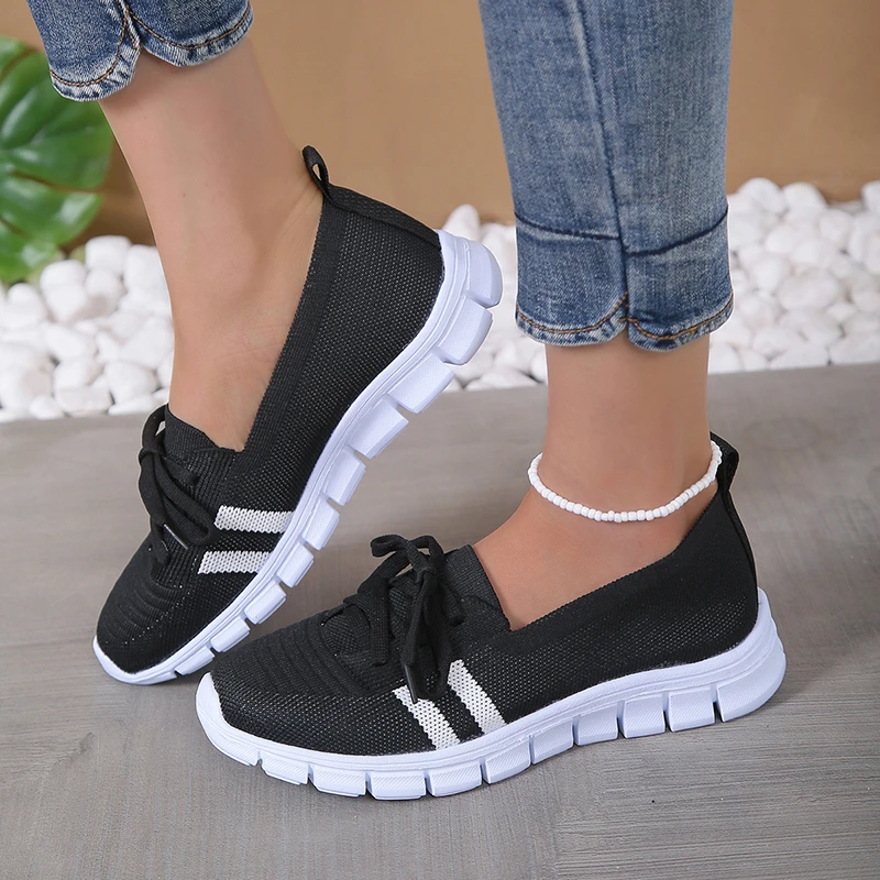 Breathable Knitting Flats Shoes for Women 2024 New Striped Lace-Up Soft Sole Sneakers Woman Plus Size Light Non-Slip Caual Shoes