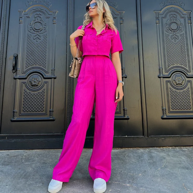 Two-Piece Outfit Set for Women Pleated Black Short Tops Party Elegant Wide Leg Pants Women's Tracksuit Summer Fashion