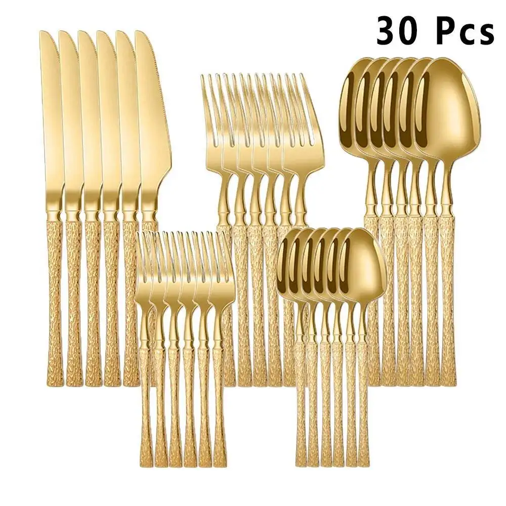 

30Pcs Dinnerware Set Stainless Steel Tableware Hammer Pattern Handle Knife Fork Coffee Spoon Flatware Dishwasher Safe Cutlery