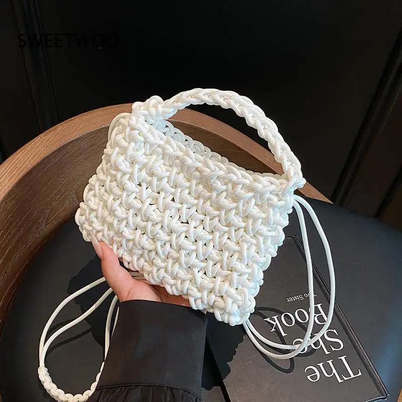 Hand Woven Mini Tote Handbag Women Thick Rope Knit Texture Top Handle Detachable Strap Casual Crossbody Shoulder Bag