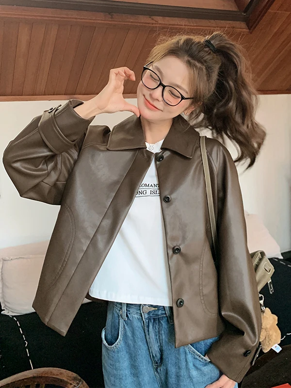 Cé Brown PU Leather Jaet Women's ort Sle Spring 2025 New Faion Ele High-End Feel Commute Wind Straight Tube