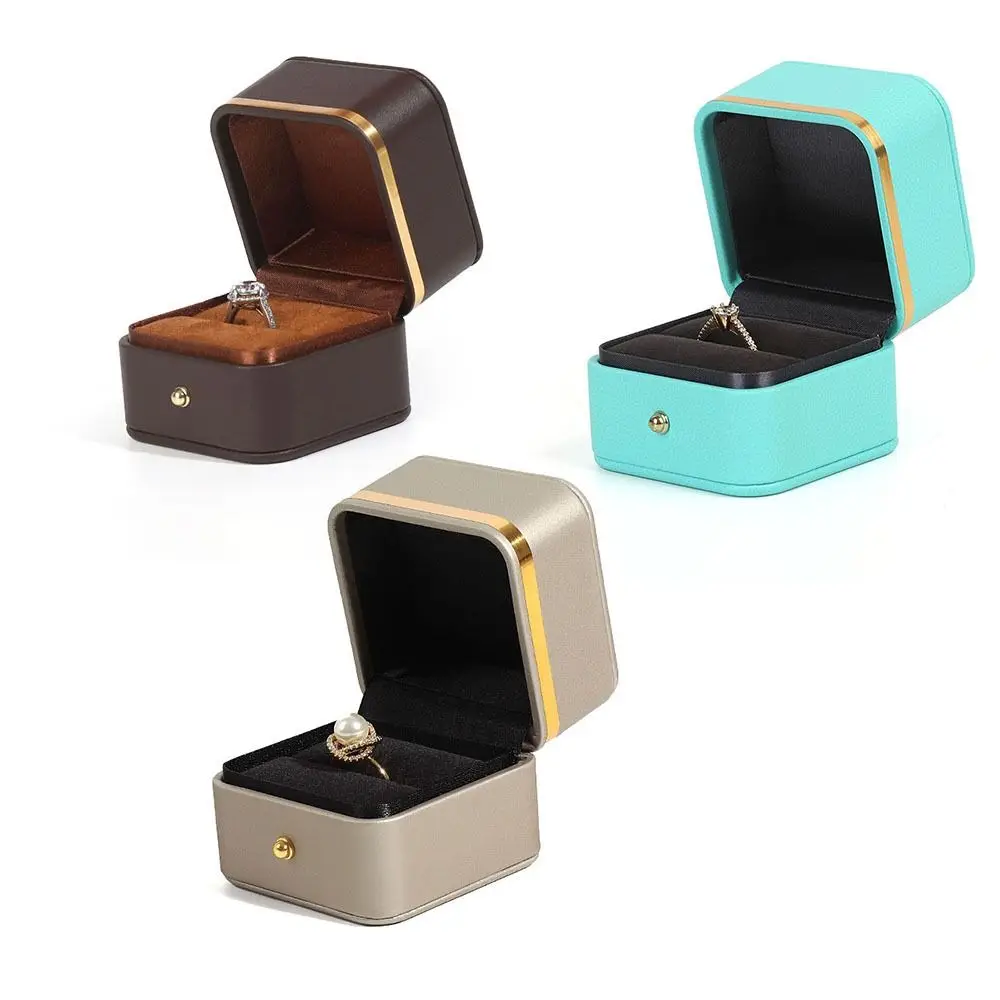 PU Leather Square Ring Box Durable Elegant Velvet Interior Ring Display Boxes Gold Trim Jewelry Packaging Engagement