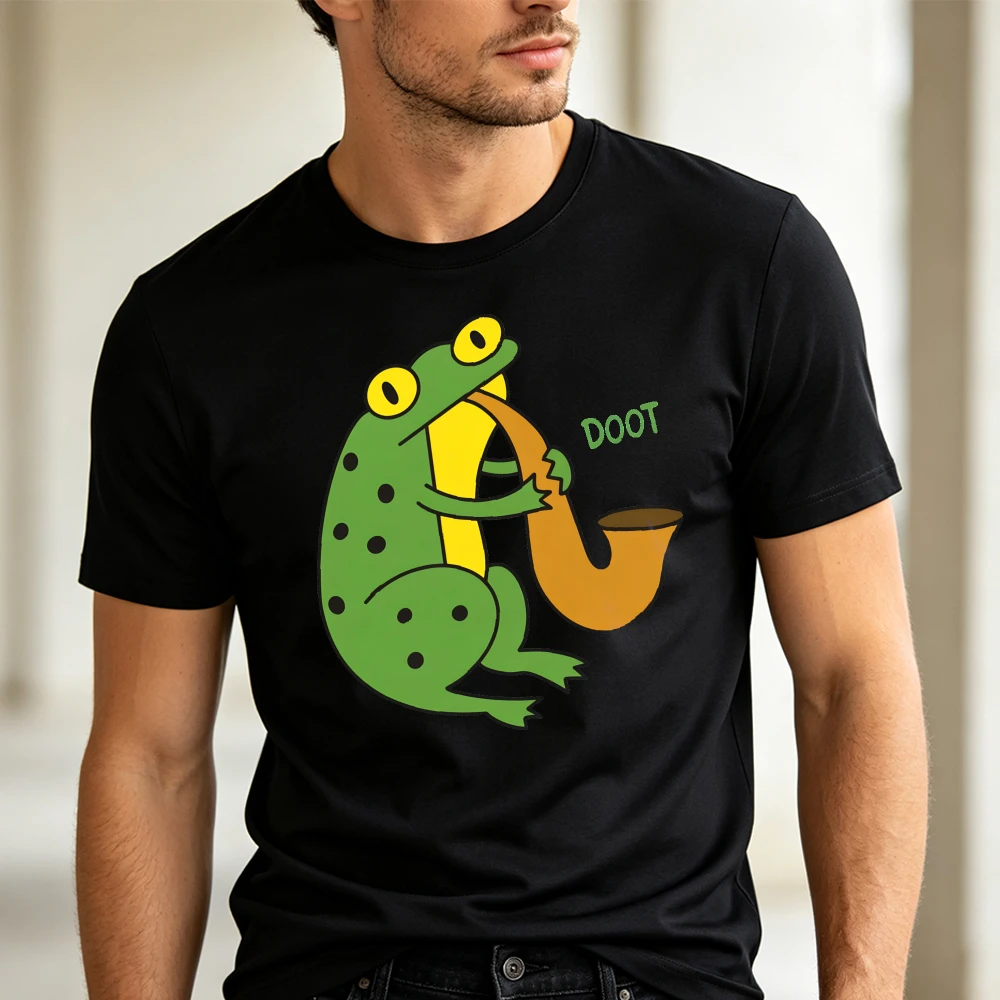 Doot Text Cartoon Frog Playing Saxophone Meme Print Streetwear Tees Music Novelty Top Men Funny Frog Graphic T Shirt