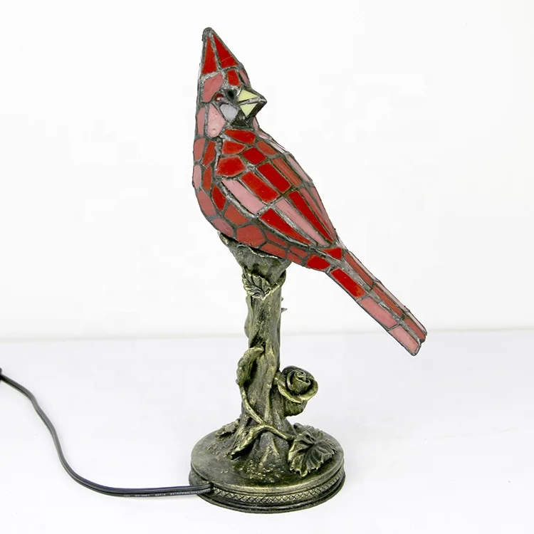 LongHuiJing Small Modern Tiffany Style LED Red Cardinal Stained Glass Bedroom Table Lamp