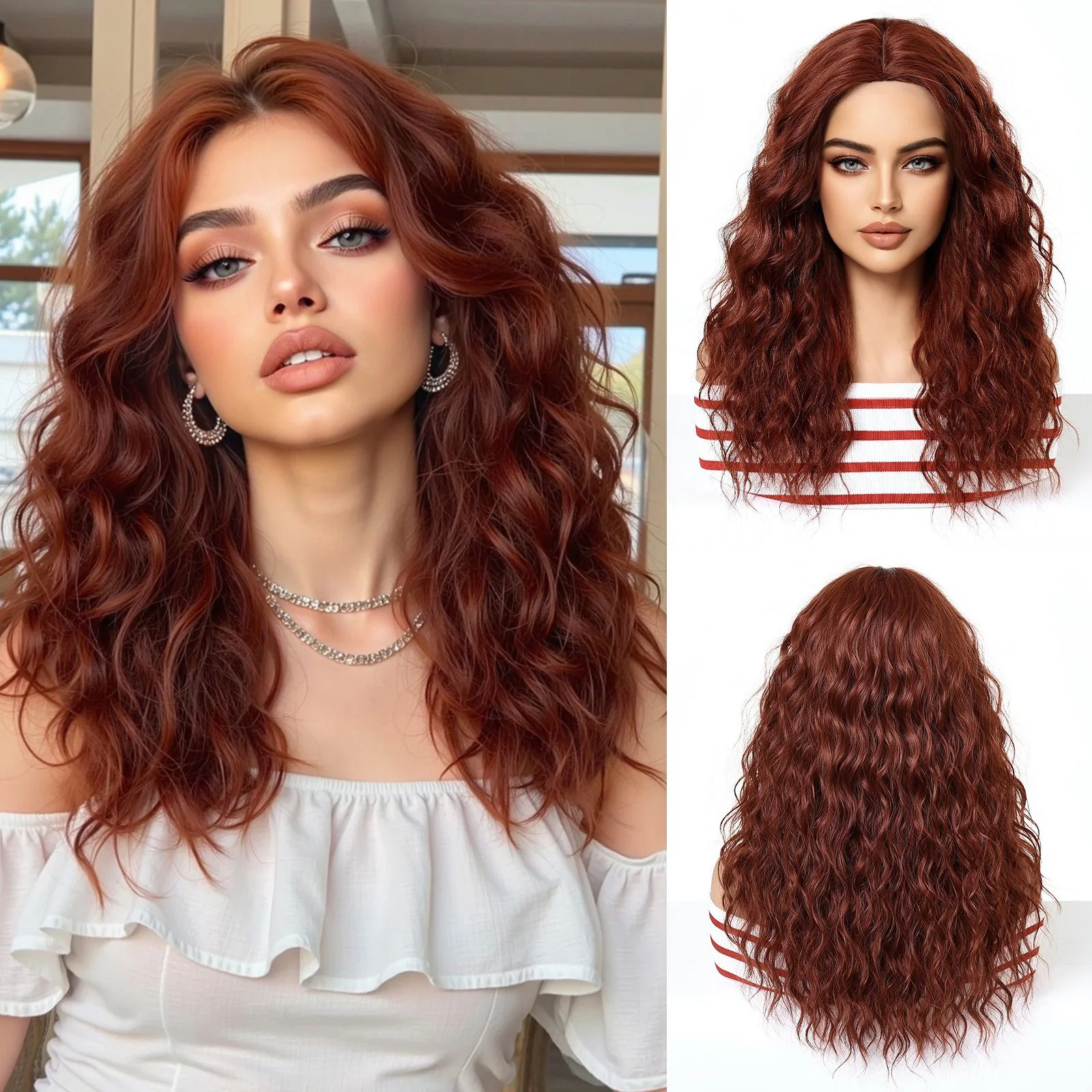 

LOUIS FERRE Brown Ombre Medium-Long Curly Wigs For Women Daily Cosplay Party Use Fake Hair Heat Resistant Synthetic Hair Wigs