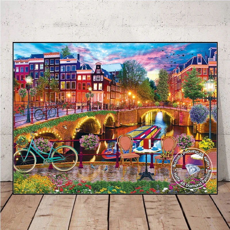 Netherlands Amsterdam Landscape Diamond Mosaic Painting AB Drills Canals With Tulips And Houses In Holland Cross Stitch Decor