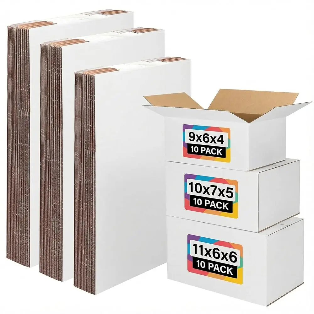

30 Pack 9x6x4, 10x7x5, 11x6x6 Assorted Sizes Shipping Boxes for Small Business, Each Size 10 Pack, White Corrugated Cardboar