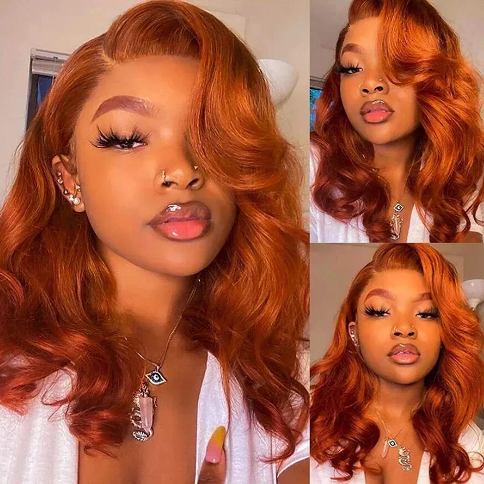 Ginger Orange BOB Human Hair Lace Frontal Wig Pre Plucked Loose Wave Short Wigs for Women 13x4 Curly Bob Perruque Cheveux Humain