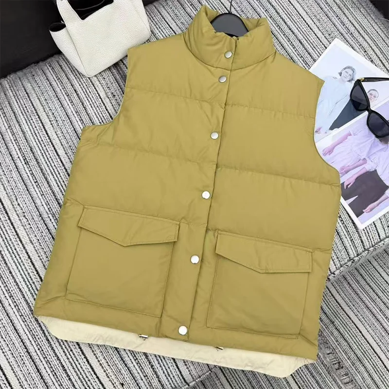 معطف شتوي نسائي عالي الجودة باللون الأبيض من ريش الإوز تحتوي على جيبين ثلاثي الأبعاد ملابس كلاسيكية 25120807 #1