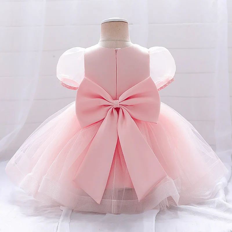 Summer White Pink Toddler Baptism 1st Birthday Dress Baby Girl Clothes Princess Wedding Lace Party Puff Sleeves Kids Costume