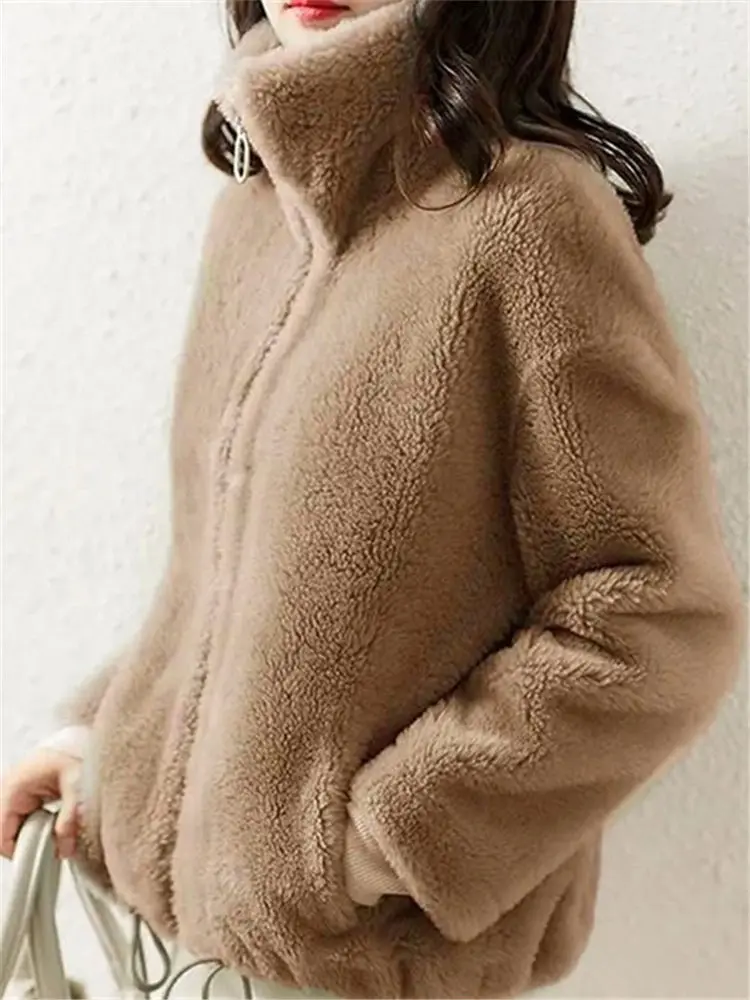 2024 Women Faux Mink Sweater Fluffy Sherpa Zipper Cardigan Fleece Turtleneck Jacket Both-Sided Fuzzy Winter Coat