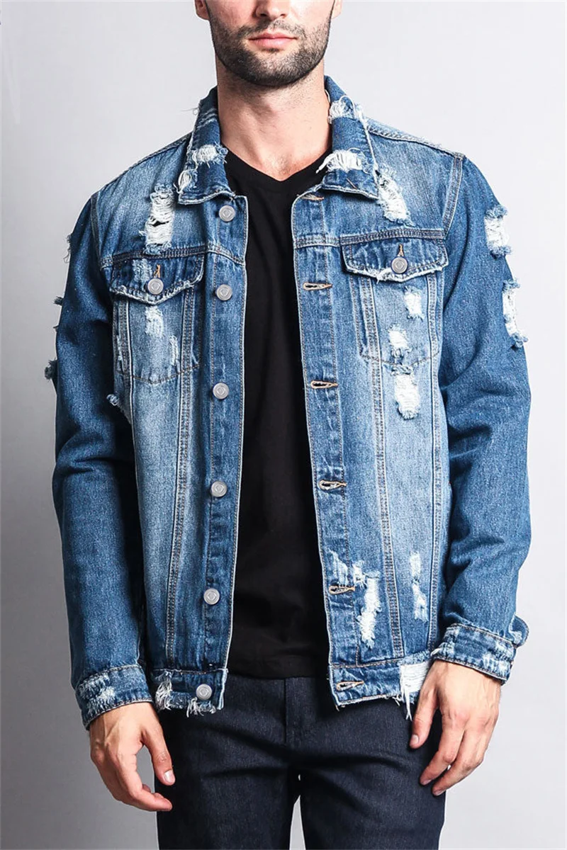 

Fashion Trend Men's Broken Holes Denim Jacket Street Casual Male Youth Single-breasted Splicing Pocket Long Sleeve Slim Fit Coat