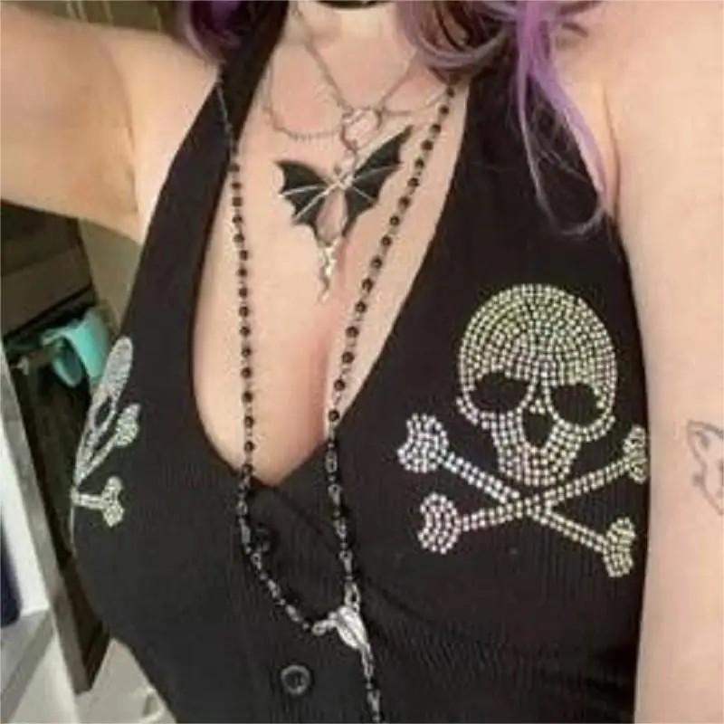 Gothic Street Skull Rhinestones Print Tshirt Y2k Aesthetic Hip Hop Sleeveless Vest Rock Vintage Women Clothes Anime Harajuku Tee