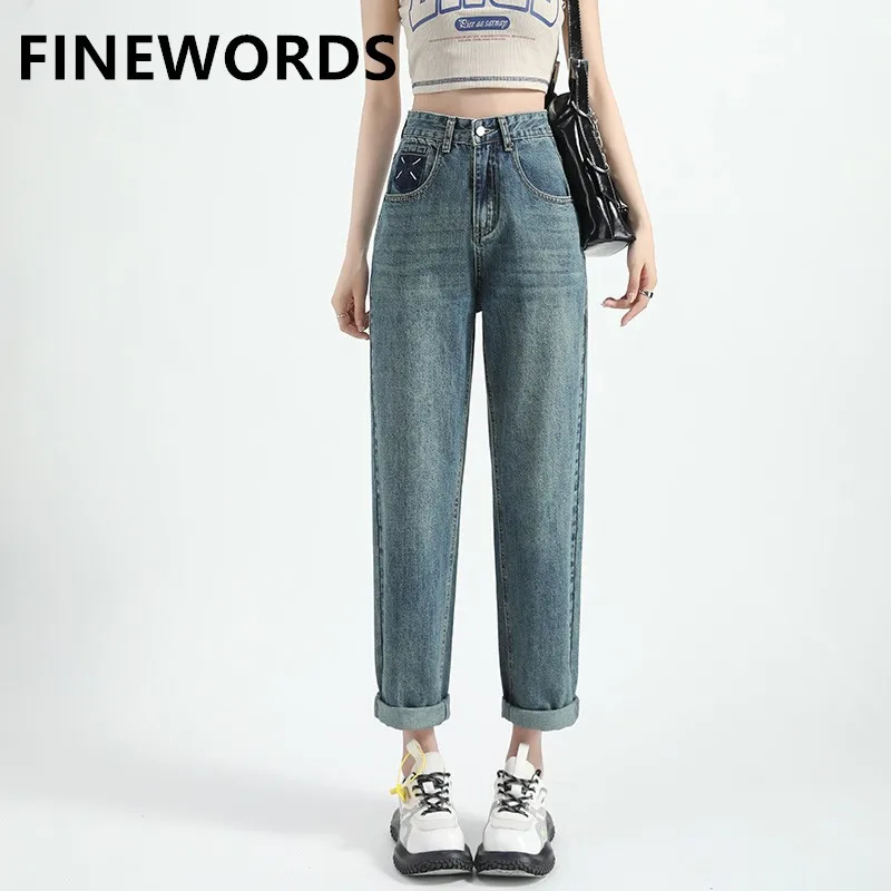 FINEWORDS Vintage Casual High Waist Harem Boyfriend Jeans Women Streetwear Korean Mom Jeans Fashion Printed Easymatch Pants