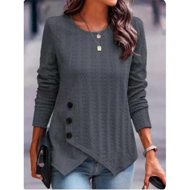 Top de manga larga con cuello redondo para mujer, camiseta de Jacquard con botones de Color sólido, Top elegante de tendencia de otoño