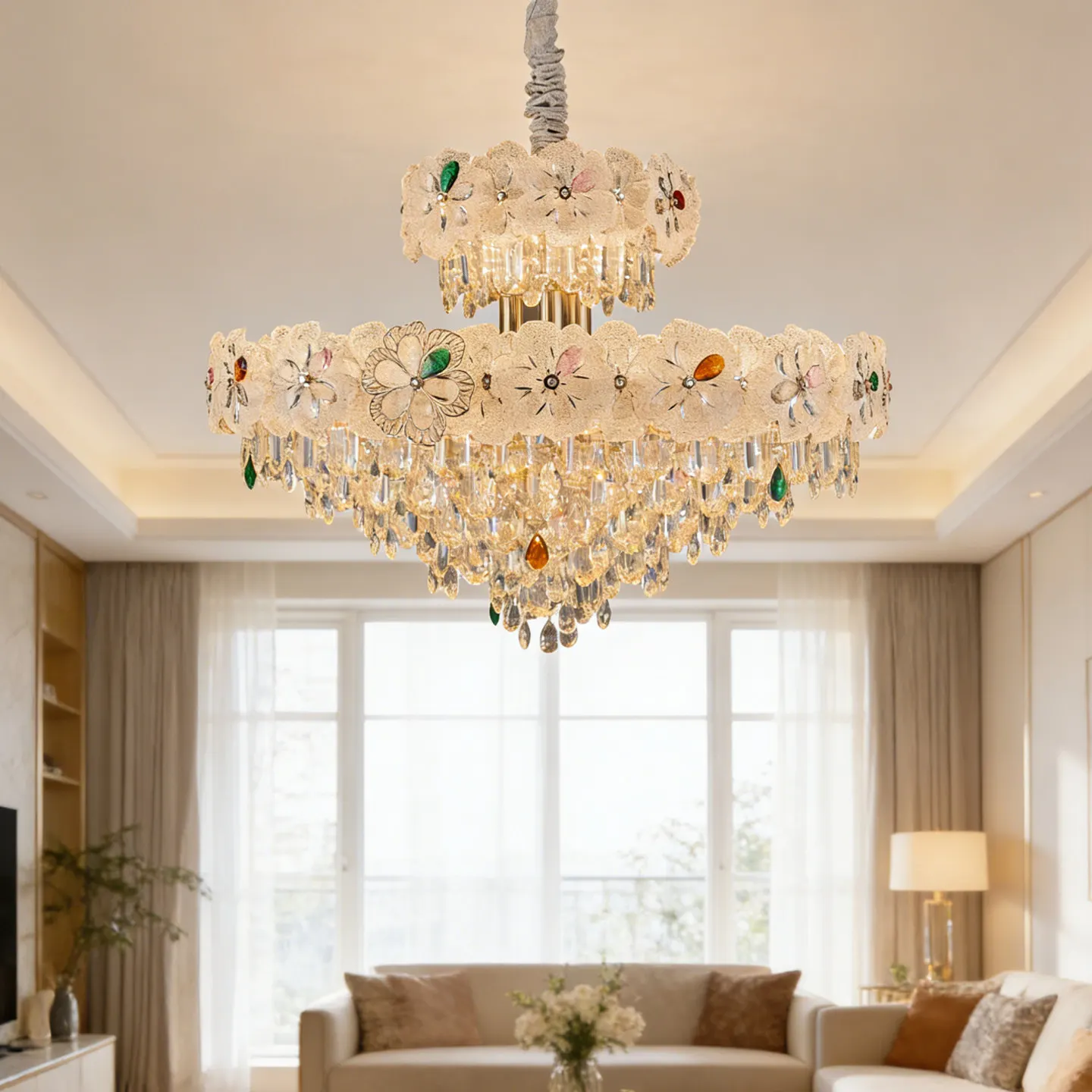 French Romantic Colorful Floral Crystal Chandelier 80CM Diameter E14 24 Lights Luxury Gold Pendant Lamp Adjustable Chain Ceiling