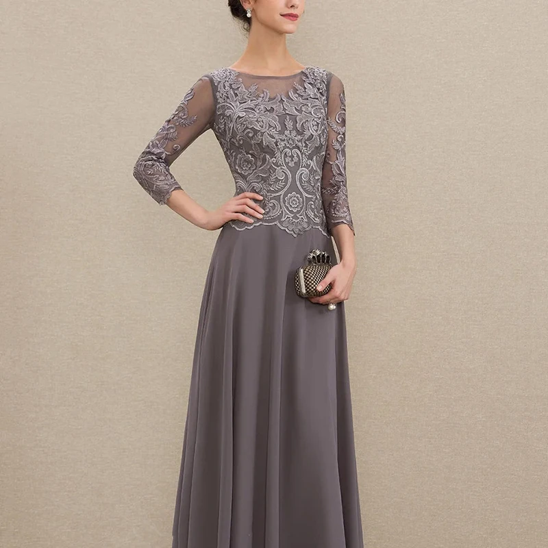 Robe de soirée grise pour femmes, avec décolleté bateau transparent, dentelle complexe brodée sur corsage, robe de bal, manches trois-quarts en dentelle