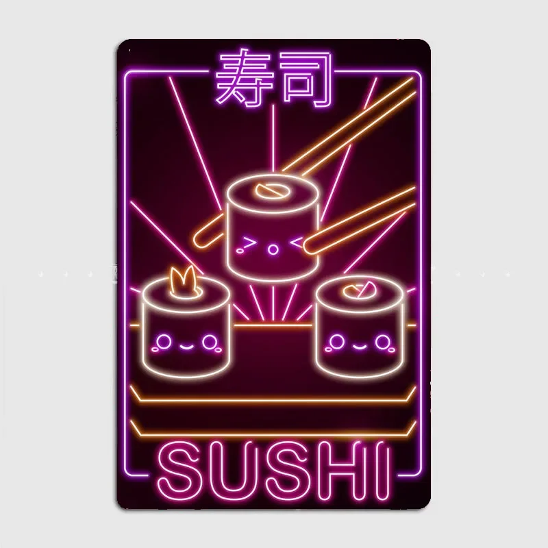 Kawaii Sushi Kitchen Food  Neon Sign Restaurant Poster Metal Cinema Kitchen Printing Sign Room Wall Decor Tin Home Decoration