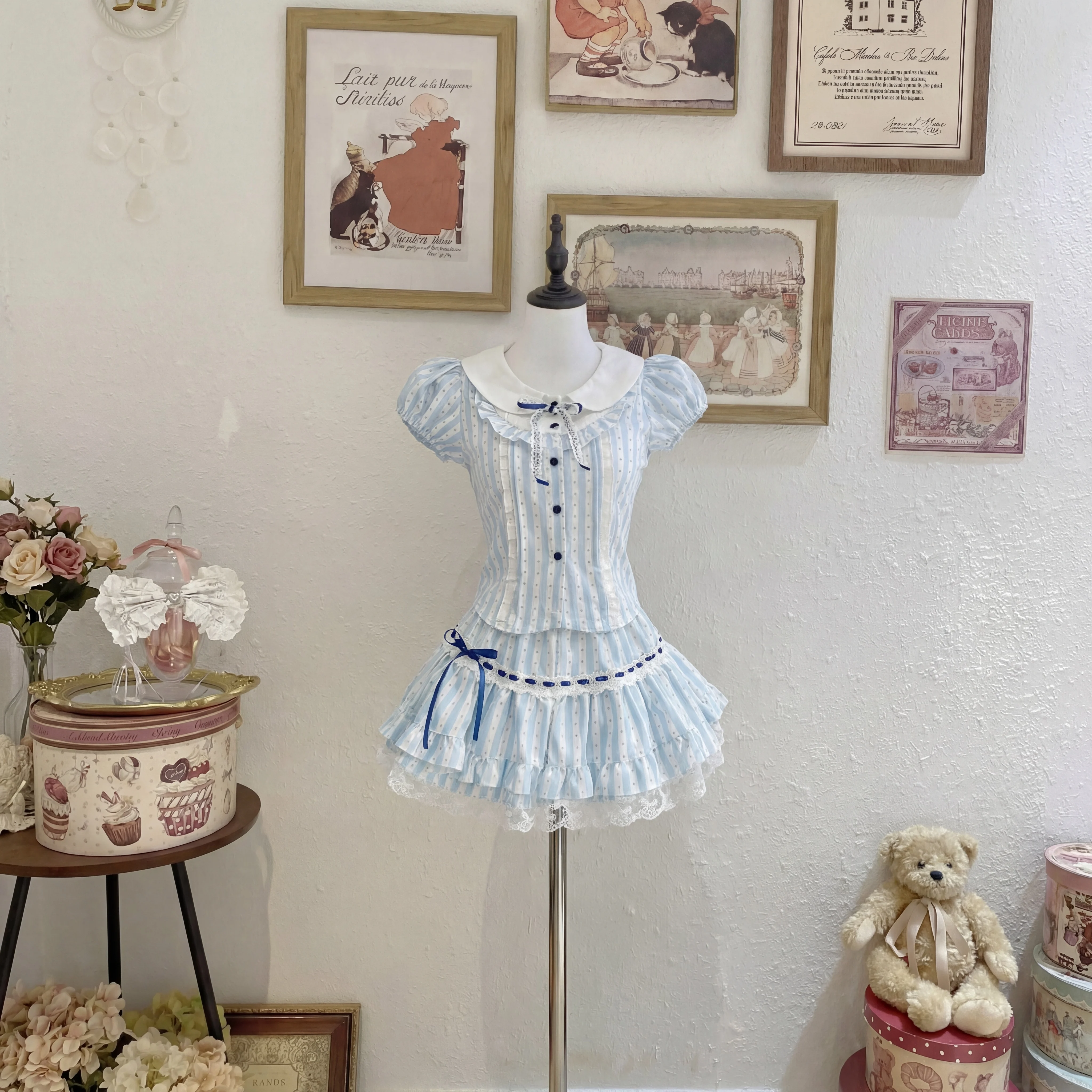 

New Preppy Style Kawaii 2 Piece Set Female Design Stripe Polka Dot Y2k Tops + Cute Mini Skirt Retro Sweet Woman Clothing Summer