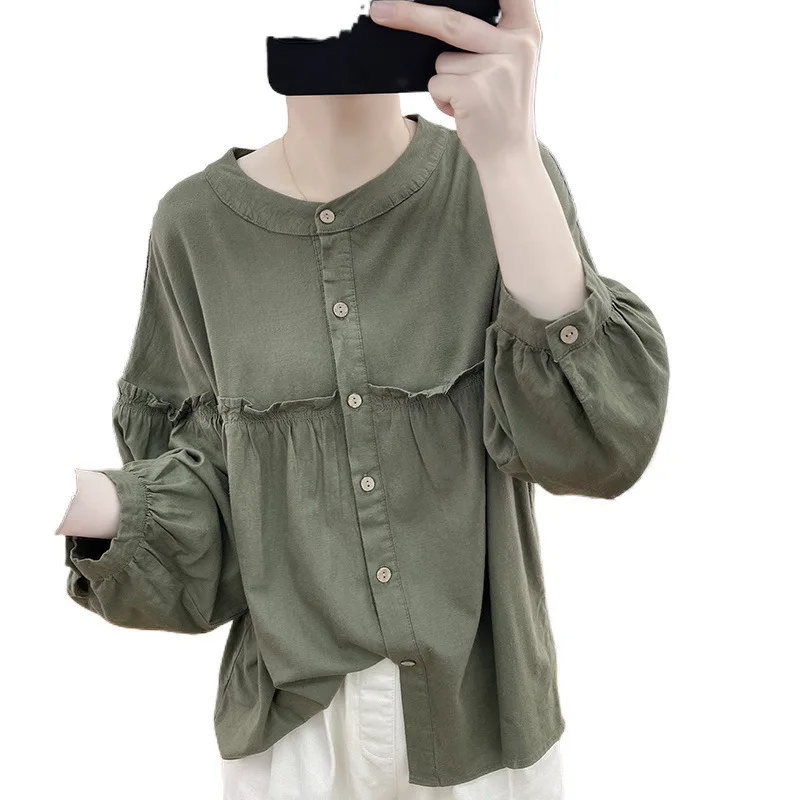 

JY Lantern sleeve new long sleeved shirt for women in spring and autumn, loose fitting and age reducing top, retro ruffle edge