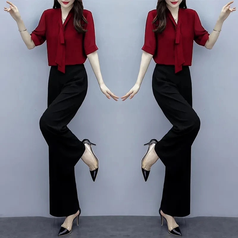 Elegant Women Outfits Spring Summer Wide Leg Pants Black Suits OL 2 Piece Sets Korean Loose Tops And Trousers Female Casual 2PCS