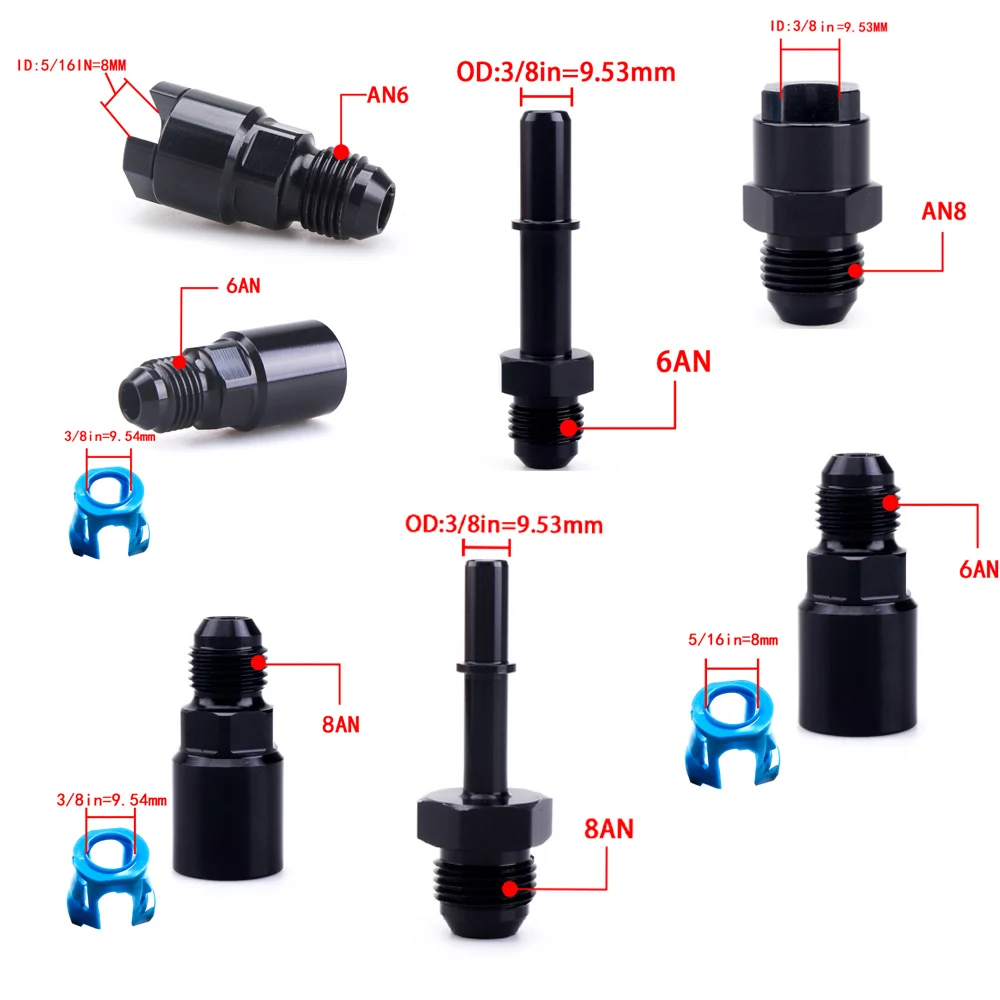 

Quick Connect 6AN AN6 Male To 3/8", 5/16" AN8 8AN Quick Disconnect Male Push On EFI Fitting Adapter Aluminum Black