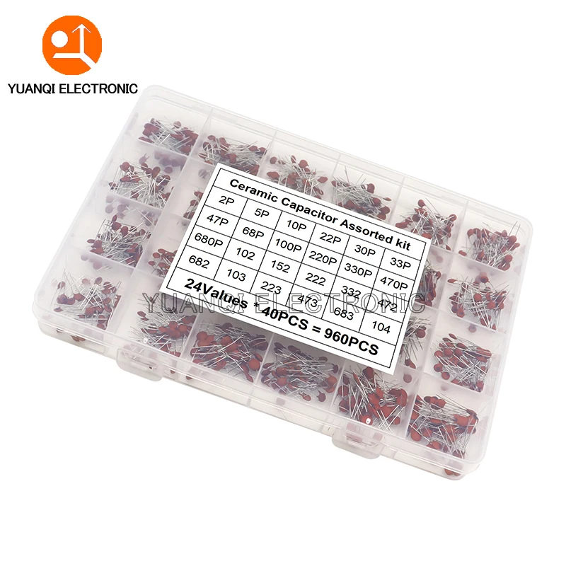 

960pcs Ceramic Capacitor Assortment Kit 24Values*40pcs 2pF - 0.1uF 50V Capacitance Set DIY Sample Pack