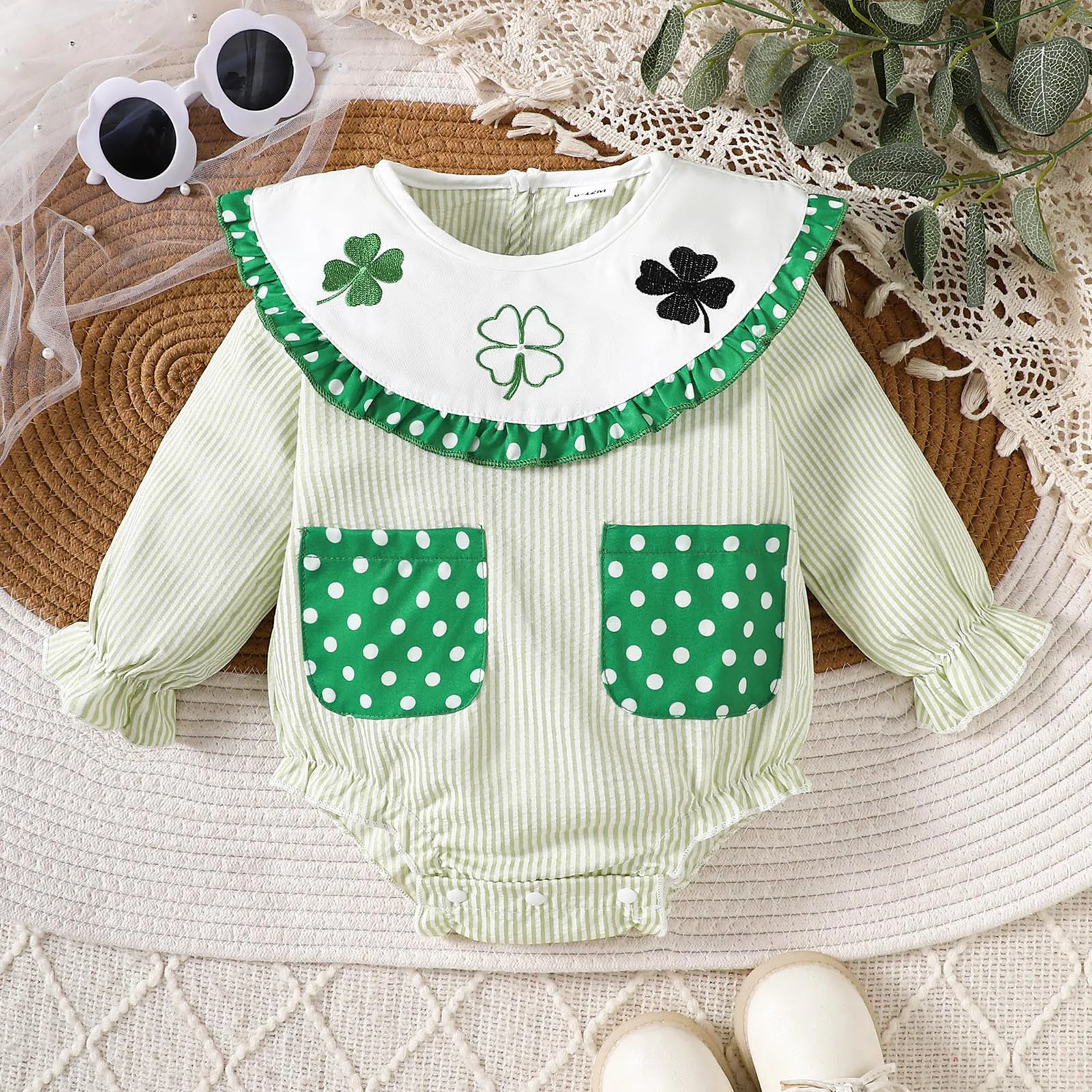 Infant Baby Girl Striped Bubble Romper with Long Sleeves and Doll Collar Cute Newborn Stripes Print Bodysuit for Stylish Babies