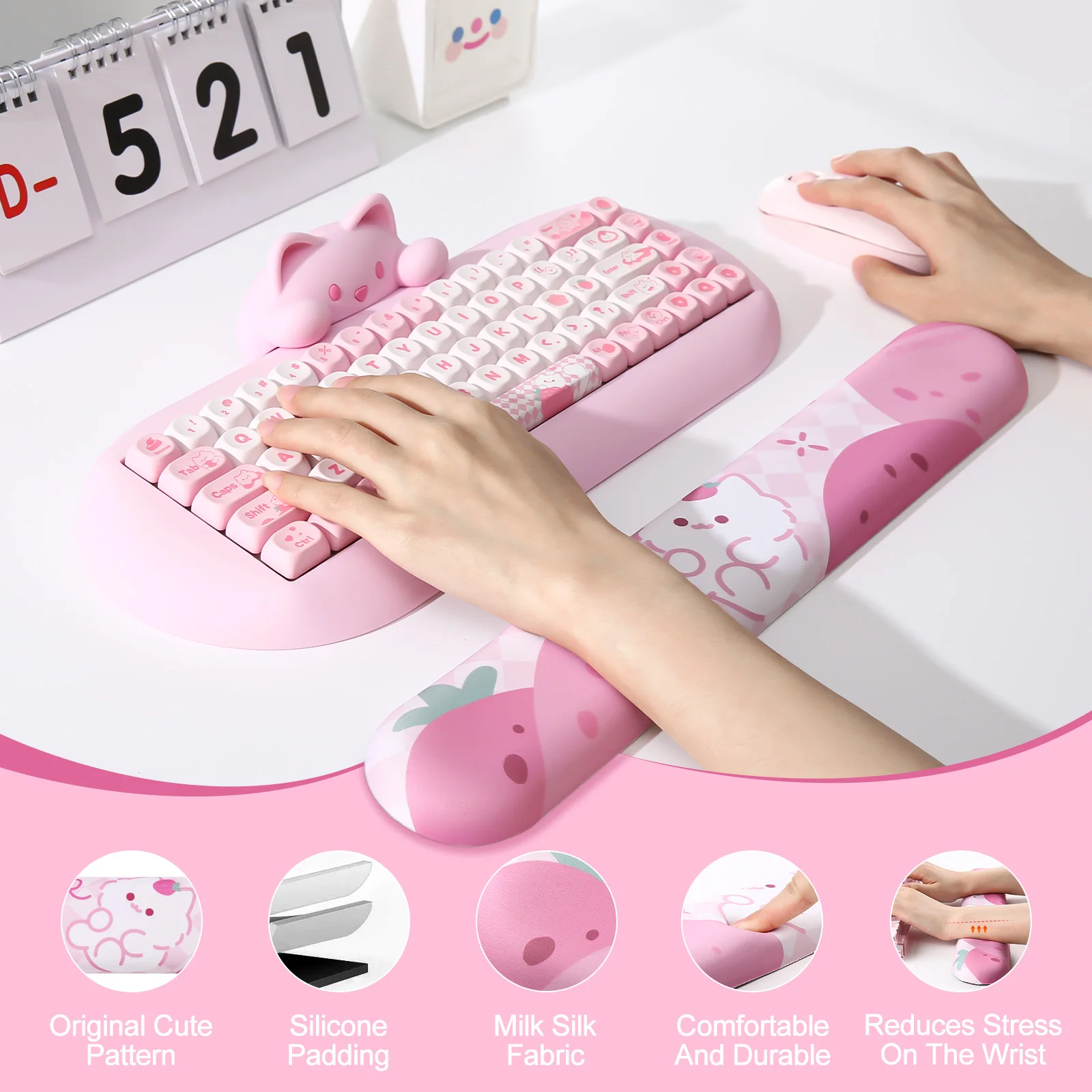 YUNZII Pink Meow Ergonomic Cute Keyboard Wrist Rest with Slip Resistant PU Base for Office Gaming Computer Typing Pain Relief