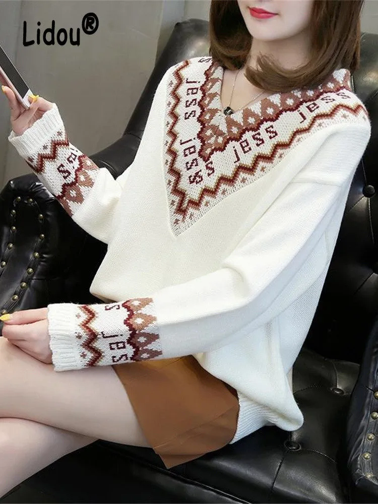 

Vintage Jacquard Patchwork Chic Korean Simple Knitted Sweater Women Casual V-Neck Loose Pullovers Long Sleeve Top Female Jumpers