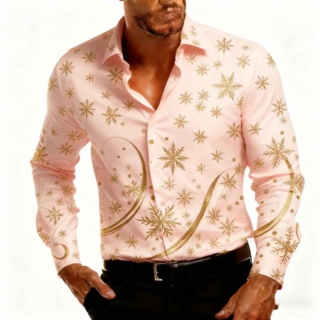 جديد عيد الميلاد الرجال مشهد عيد الميلاد قميص مطبوع-ندفة الثلج عارضة الأزياء جولة الرقبة زرر طويلة الأكمام حزب الخريف قميص #6