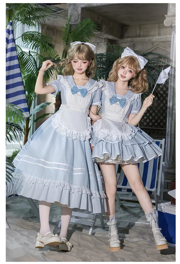 

Women Lolita Sailor Collar Op Dress Maid Style Blue White Ruffle Hem Sweet Lolita Dress Japanese Sweet Loli Tea Party Dress Set