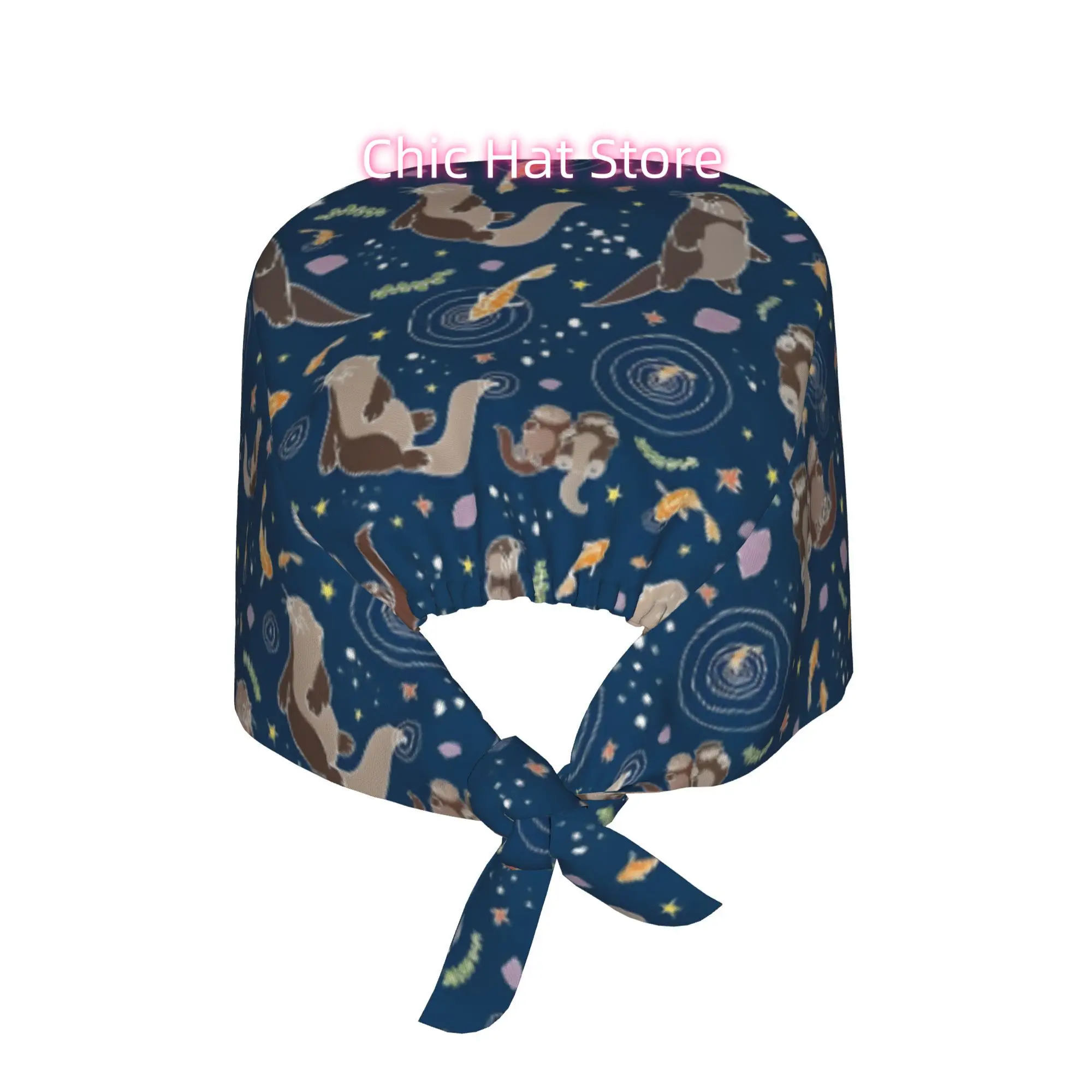 Sea Otters at Night Unisex Work Cap Adjustable Lightweight with Lace Up Desig Dust Proof Suitable for Nurses And Chefs