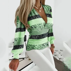 women's Autumn long sleeve Top fashionable V-neck stripe printed Pullovers and blouse for women clothing