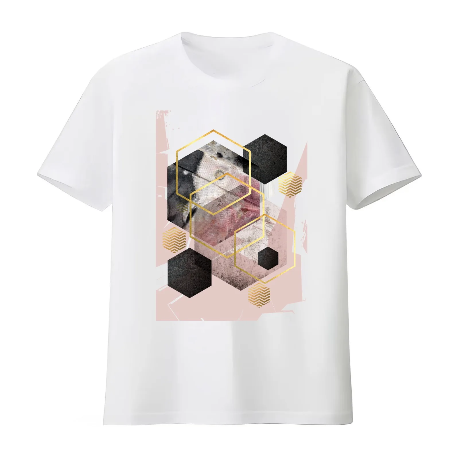 Abstract Geo in Blush Pink and Gold T-Shirt Summer Casual Cotton Tee Oversized Streetwear Tops Vintage Graphic Print