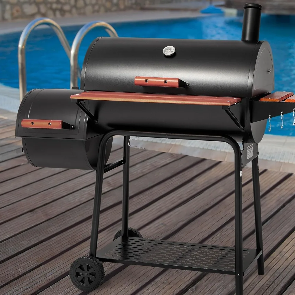 Charcoal Grill, 30 Inches, with Wooden Lacquered Edge Table and Front Table,Barbecue Smoked Grill, 811 Square Inch Barbecue Area