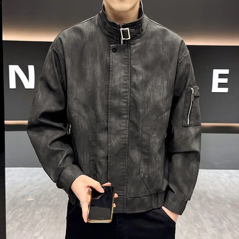 الأصلي صافي الصورة PU957 القهوة بلا جايت فضفاضة تناسب سستة مزين الحديد خالية البوليستر ملابس خارجية غير رسمية للمراهقين