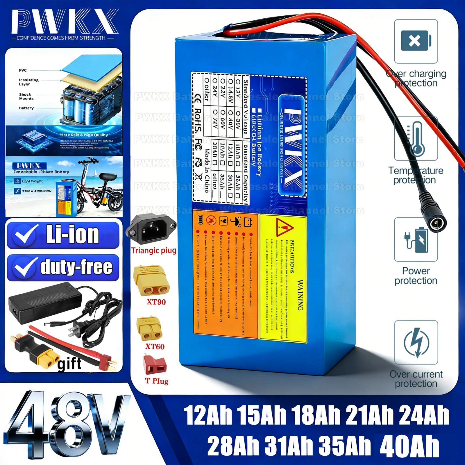 

New 48V 40Ah 21Ah 18Ah 15Ah 28Ah 24Ah 35Ah 31Ah Lithium battery pack 2000W High Power For Electric motorcycle scooter With BMS
