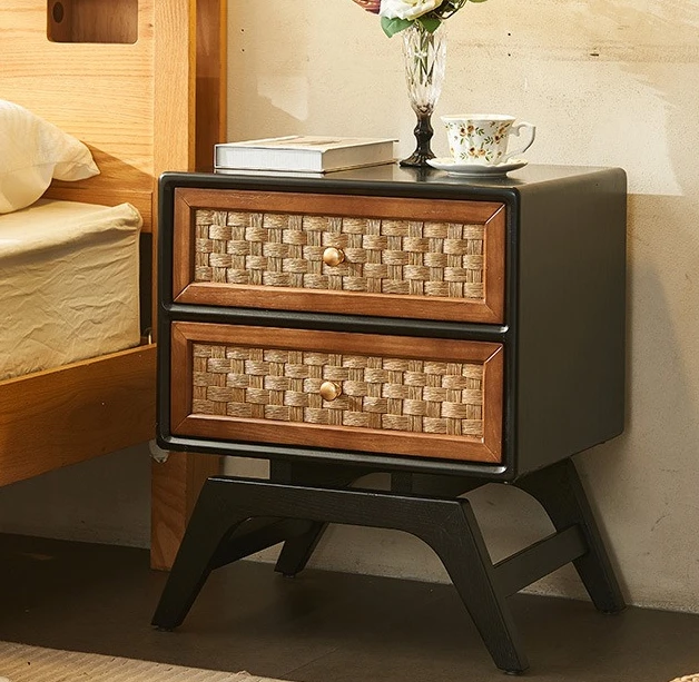 Solid wood bedside table, modern simplicity, bedroom storage locker, rattan weaving, small apartment household